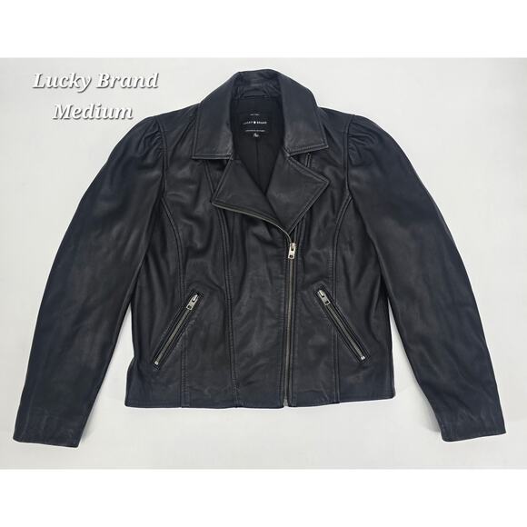 Lucky Brand Jackets & Blazers - Lucky Brand Lambskin Leather Puff Sleeve Moto Jacket Black Medium Quiet Luxury